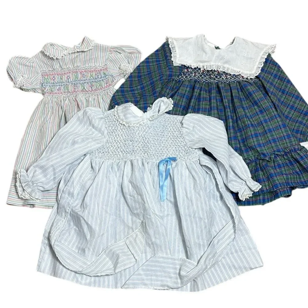 Vintage Polly flinders girls dresses sz 4 lot of 3 smocked collared